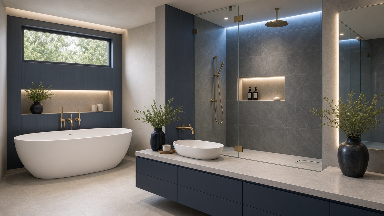 A bathroom with a tub, vanity, and shower