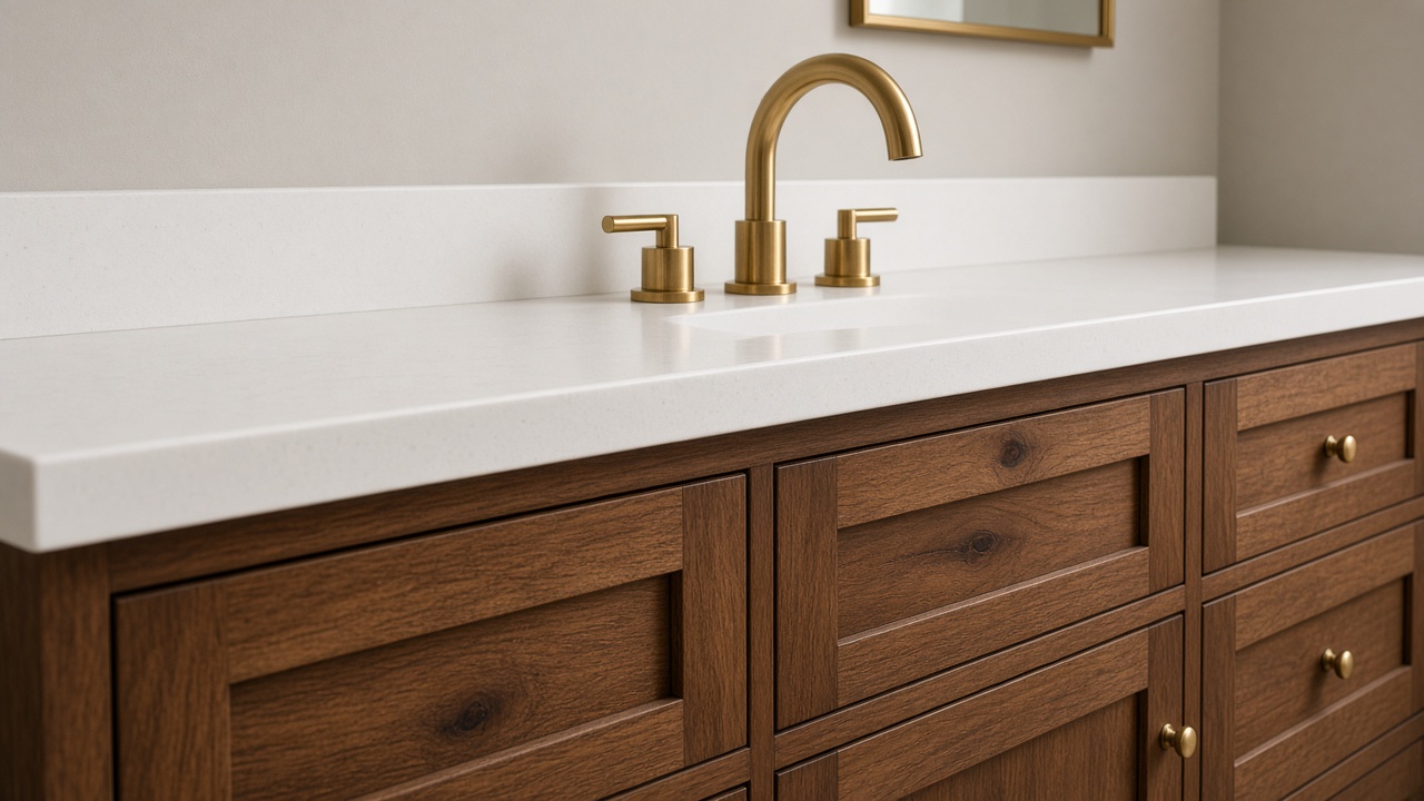 A wood vanity with a gold faucet
