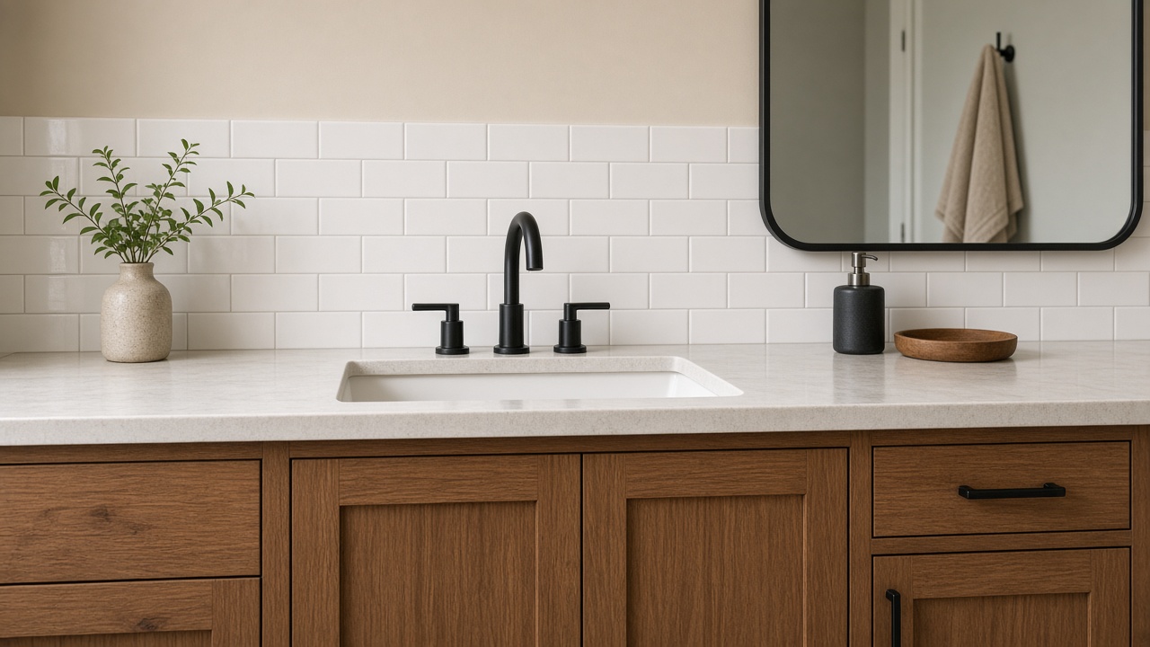 A wood vanity and black faucet