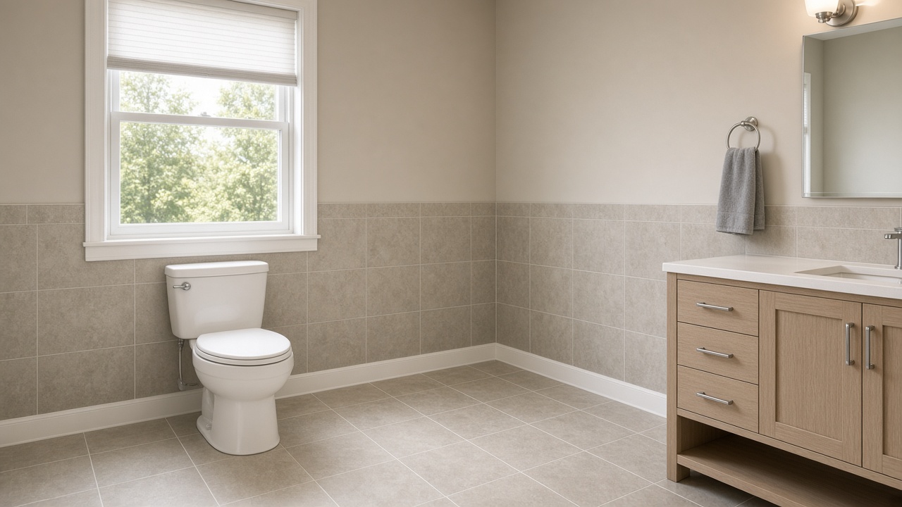 A bathroom with a toilet and vanity
